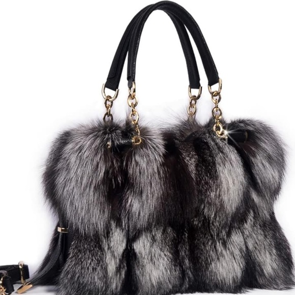 Luxury Real Fox Fur Handbag  Furry Shoulder Bag Purse Black - Picture 8 of 10